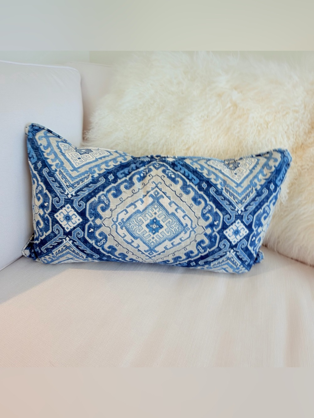 EUC Blue/White Geometric Lumbar Pillow (~26”x14”)